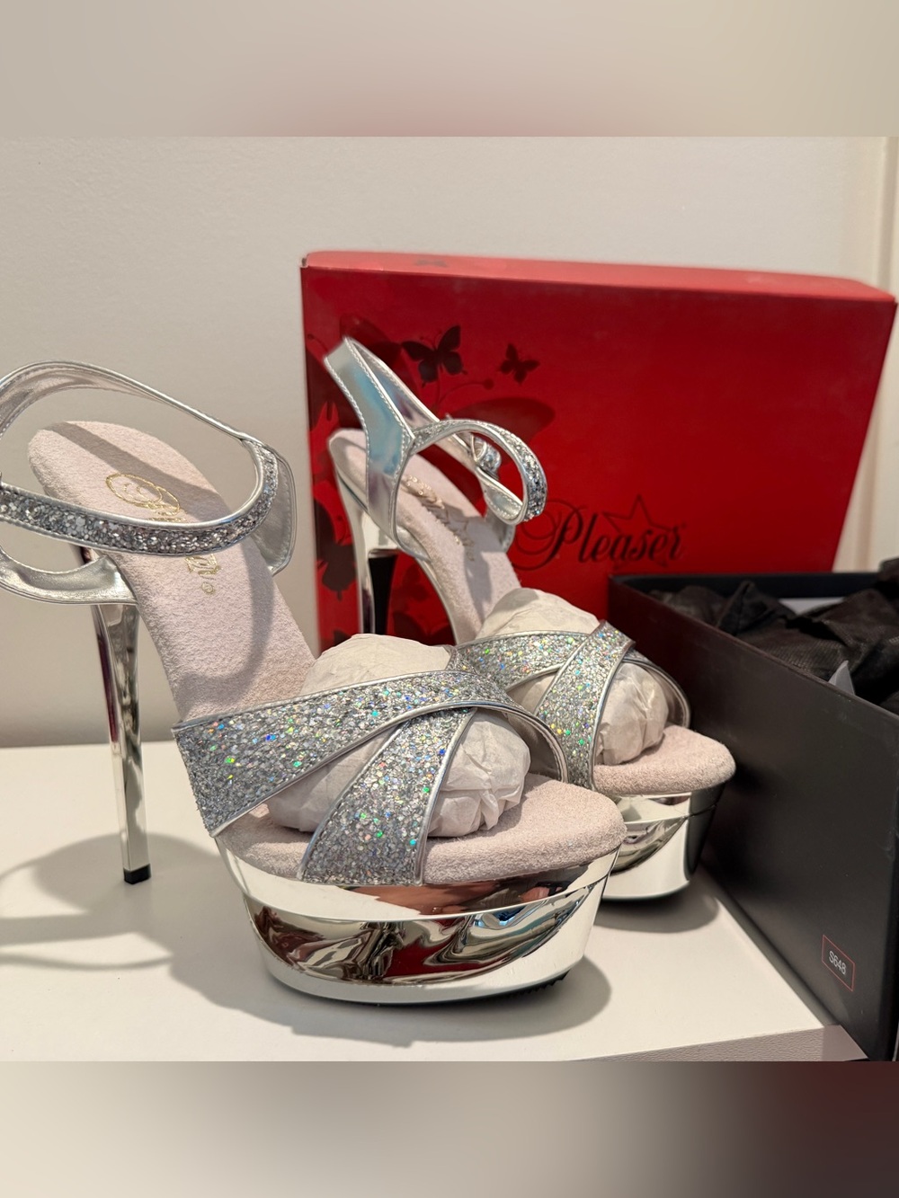 Pleaser Silver Holographic Glitter Platform Heels